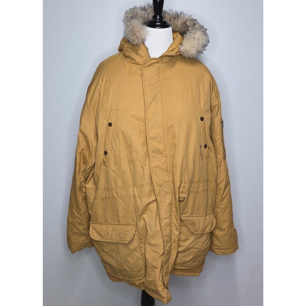 Sean John XXL Mens Parka Coat Tan Faux Fur Hood Goose Down Oversized Winter